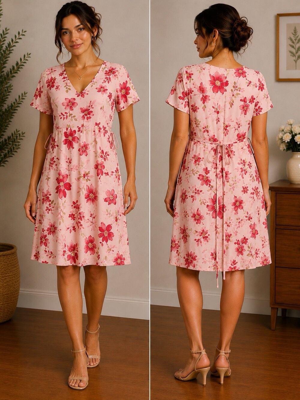 Pink Floral Midi Dress Size Large Cottagecore Feminine Chic